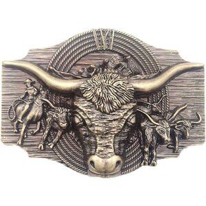 Cowboy Longhorn Cattle Stampede Gold Tone Western Belt Buckle NWT